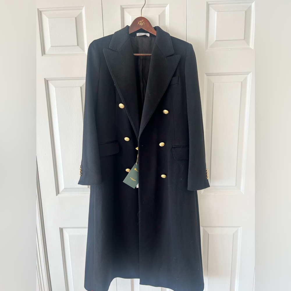 Loro Piana long black trench w/ gold ornate buttons size 12 NWT
